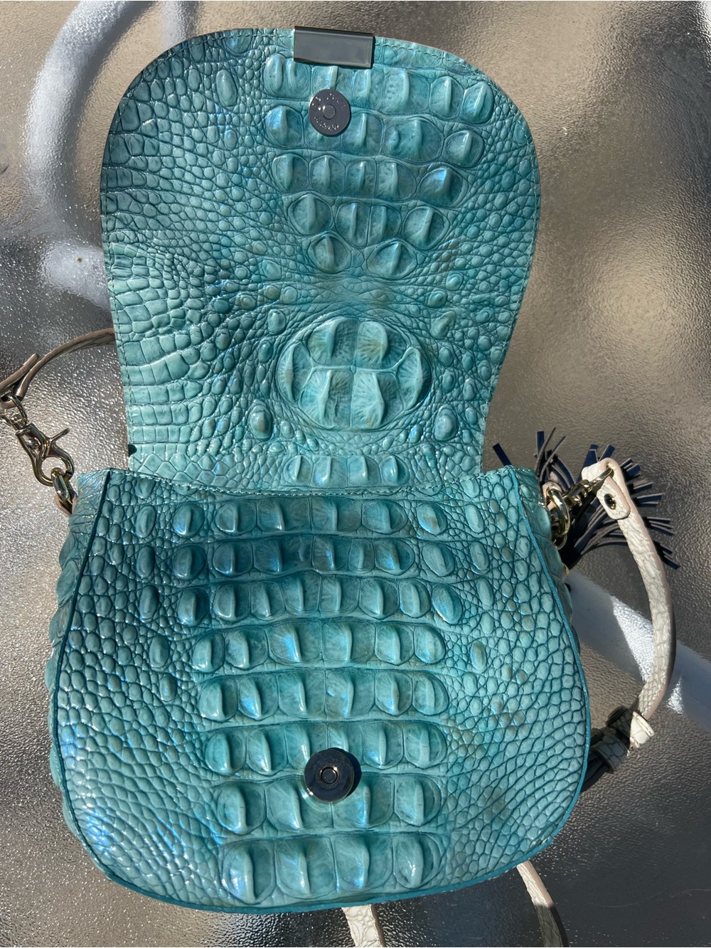 Brahmin Mini Sonny Turquoise Croc-Embossed Crossbody with White and Navy Trim - Picture 5 of 9